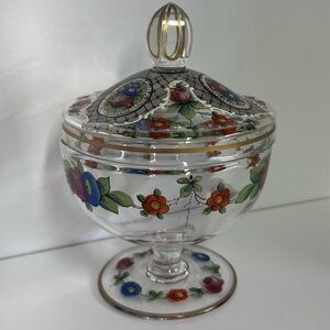 Hand-painted Bohemian glass candy dish with lid and gold trim